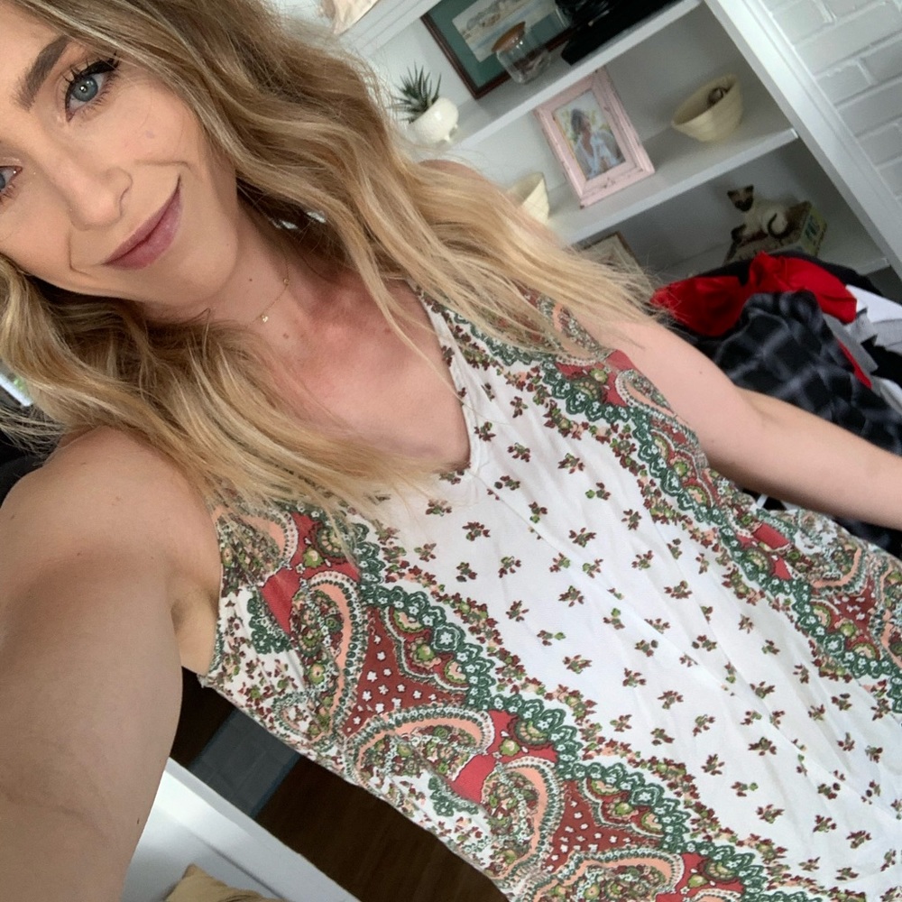Patterned white tank with tie back (adjustable)